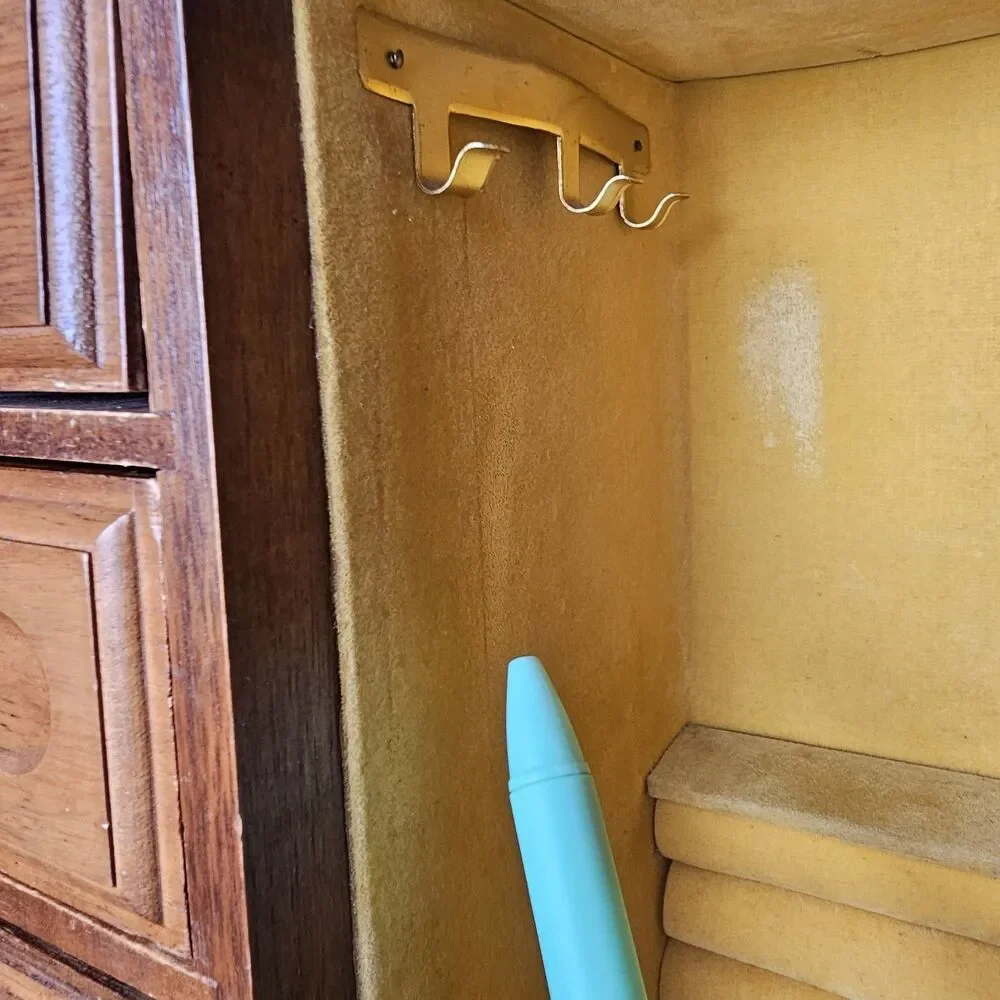 Vintage Musical Wooden Jewelry Armoire Box Gold Mesh Door Velvet Lined Necklace